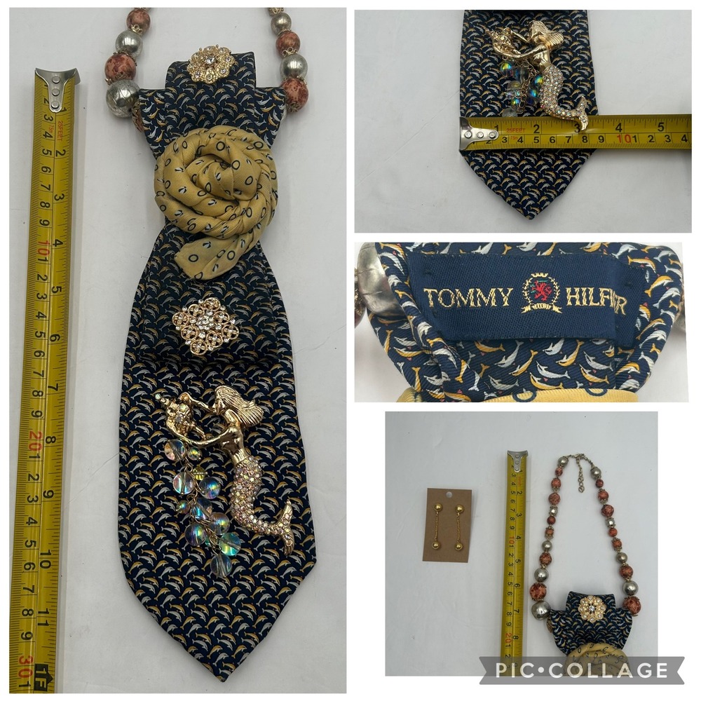 Tommy Hilfiger Upcycled Silk Tie Statement Necklace Mermaid Brooch Earring Set - Picture 4 of 10